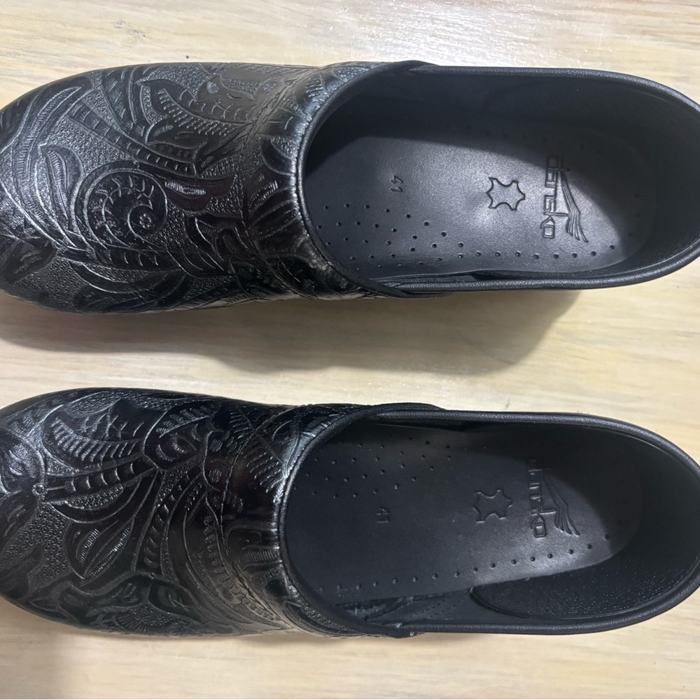 Dansko Black Embossed Leather Clogs